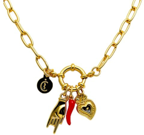 LA CORNE ITALIENNE Vabbe Chain Necklace, Horn, Mano Cornuto, Sacred Heart in Steel, Unique, Stainless Steel, No Gemstone