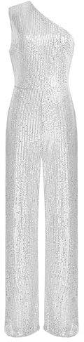 TiaoBug Damen Pailletten Jumpsuit Overall Ein-Schulter Body mit Weite Hose Festlich Einteiler Modern Hosenanzug Tanz Leotard Romper Playsuit Silber S