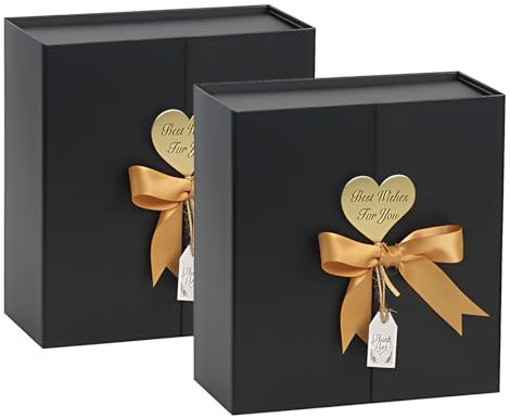 CHARMGIFTBOX Geschenkboxen mit Deckel, 22,9 x 22,9 x 7,6 cm, 2 Stück, kleine schwarze Geschenkbox mit Schleife, ausgefallene Geschenkpapierboxen für Festival, Jahrestag, Trauzeugen, Antrag,