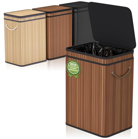 Mihoho 80 Liter große Mülleimer mit Deckel, Mülleimer Abfallkorb aus Bambus, Outdoor Mülleimer/Abfalleimer für Zuhause, Büro, Badezimmer, Küche 40X30X60 CM (Premium Walnuss)