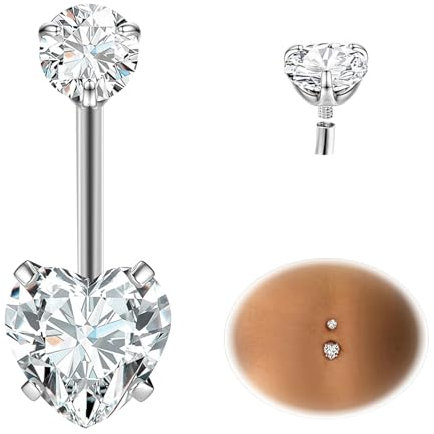 ESHIONER G23 Titane Piercing au Nombril Argent Blanc Cœur Ventre Grossesse Bijoux Femme Tige Courte Longue Nombril Anneau 14G 10MM Longueur de La Tige Piercing Nombril