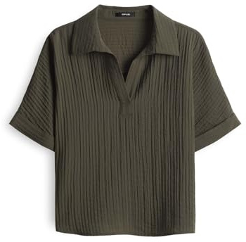 OPUS Damen Kurzarmbluse | Verkürzte Hemdbluse FELSA Loose in Crinkle Optik Olive Leaf, 38