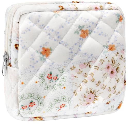 ZLFSRQ Small Quilted Makeup Bag for Purse Mini Quilted Pouch Cute Cotton Makeup Bag with Compartments Aesthetic Cosmetic Bags for Women Coquette Zipper Travel Toiletry Bags Lipstick Pouch, Bee and