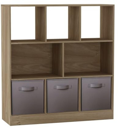 URBNLIVING Asymmetrical 8 Cube Oak Bookcase Storage Unit with 3 Fabric Drawer Inserts – Wooden Display Shelf for Home, Office, or Bedroom Organization Grey