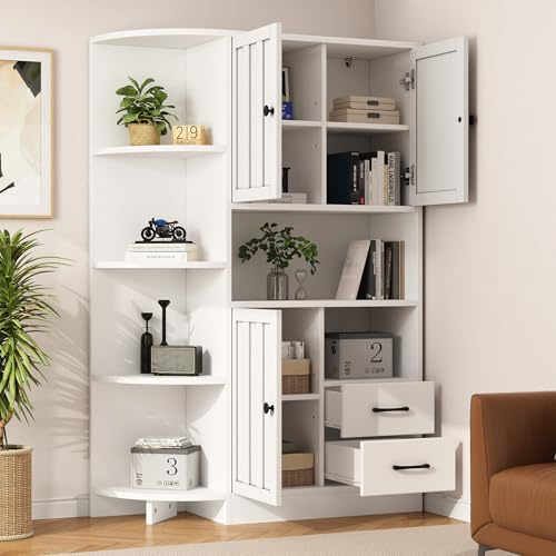 Armadio ad angolo, 104 x 35 x 155 cm, vetrina da soggiorno con 3 armadi + 2 cassetti, scaffali per libri da soggiorno, armadi alti e altopiano con un totale di 14 scomparti, librerie, credenza, bianco