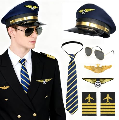 O-Kinee Pilot Kostüm Herren,Stewardess Flugbegleiterin Kostüm Damen,Piloten Kapitän Kostüme Accessoires,Faschingskostüme Accessoires für Frauen Männer Erwachsene Cosplay Karneval