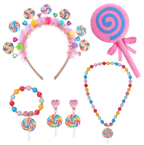 BTHRORO Lollipop Kostüm Accessoires Lollipop Haarreif Lutscher Schmuckset Mädchen mit Halskette, Armband und Ohrclips Riesige Lutscher Requisiten Candy Kostüm für Weihnachten Karneval Fasching