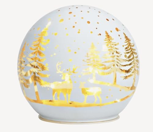 Lichtkugel Winterwald/Wintermotiv mit LED aus Glas weiß matt, mit Timer, Dekokugel für Weihnachten & Winter mit Hirsch und Tannenmotiv