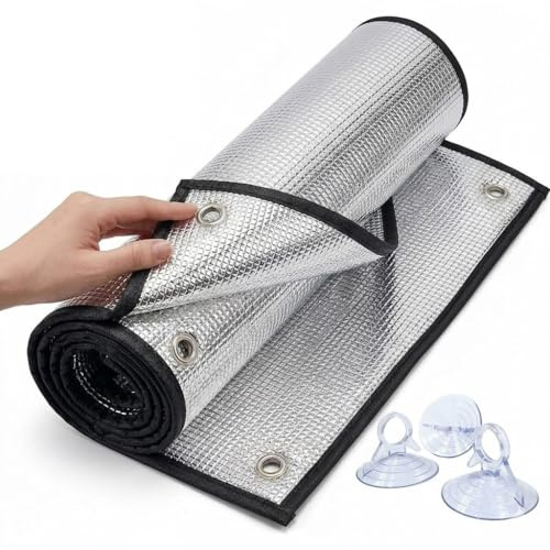Thermal Insulation Window Film, Heat Control Reflective Aluminum Insulation Cover with Suction Cups, Aluminium Foil Sun Blocking Anti UV Window Tint for Summer Heat(Black,50x170 cm)
