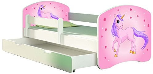 Kinderbett Jugendbett mit einer Schublade und Matratze Weiß ACMA II 140 160 180 40 Design (180x80 cm + Bettkasten, 17 Pony)
