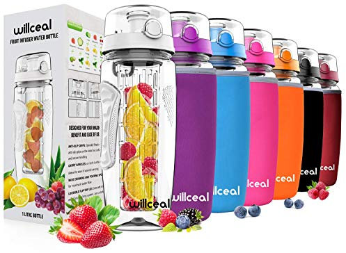 Fruit Infuser Water Bottle 32oz Willceal- Durable, Large - BPA Free Tritan, Flip Lid, Leak Proof Design - Sports, Camping (White)