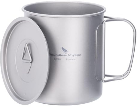 iBasingo 600ml Titanium Mug Camping Cup Tea Coffee Water Pot with Lid Ultralight Outdoor Travel Tableware with Foldable Handle Picnic Backpacking Trekking Portable Drinkware Survival Gear Ti3036D