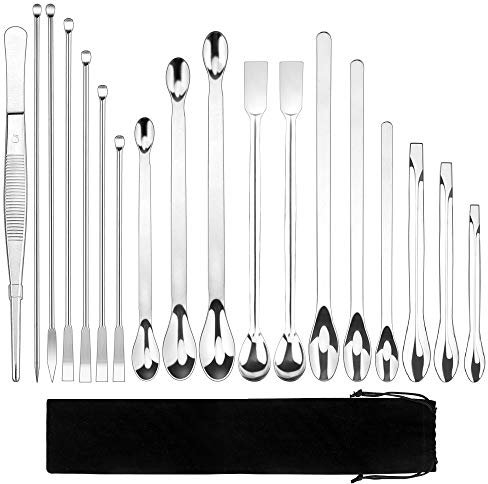 18 PZ Acciaio Inossidabile Spatole da Laboratorio Micro Cucchiai Pinzette da Laboratorio con Custodia in Velluto per Polveri di Campionamento in Laboratorio
