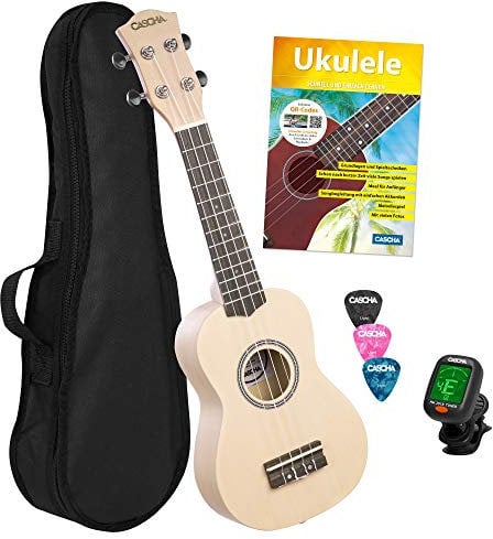 CASCHA Sopran Ukulele Set Deutsch für Kinder und Erwachsene I Starter Kit mit 3 Plektren Tasche Lehrbuch Lernvideos über QR-Code Stimmgerät I Aquila Saiten Nylon I Kleine Hawaii Gitarre I Cream