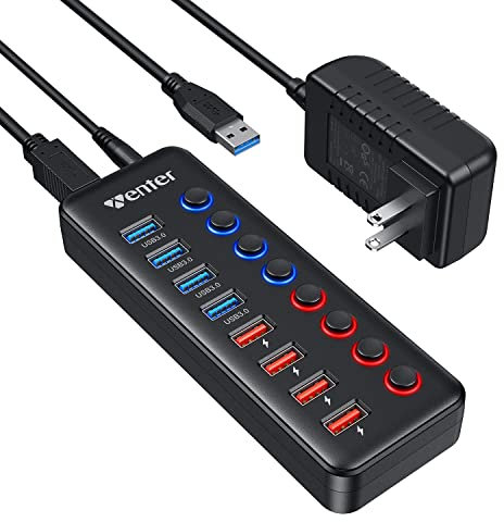 Powered USB 3.0 Hub, Wenter USB-Hub-Splitter mit 8 Ports (4 5-Gbit/s-Datenübertragungsports + 4 intelligente Ladeports) mit individuellen Ein-/Ausschaltern und 36-W-Netzteil für Mac, PC, HDD