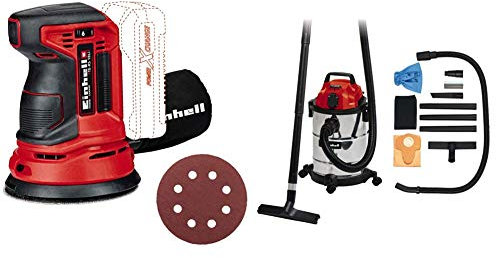 Einhell Ponceuse excentrique TE-RS 18 Li - Solo Power X-Change (Système auto-agrippant, Livré avec 1 feuille abrasive) Livré sans Batterie ni Chargeur - Livré avec Aspirateur Synchro TC-VC 1820 SA