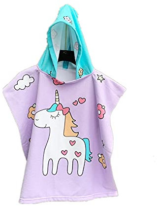 Badeponcho mit Kapuze Kind Poncho Handtuch, Chickwin Kinderhandtuch Strand Schwimmen Bad Kapuzenhandtuch Bademantel Zum Wechseln für Jungen Mädchen (Lila Einhorn,60x80cm)
