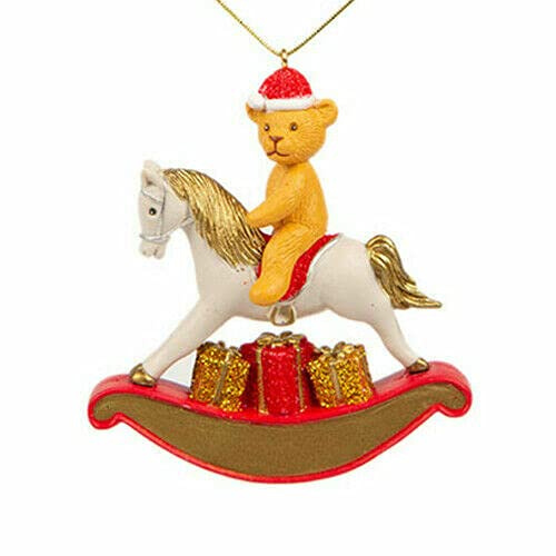 Personalised Red Teddy Bear & Rocking Horse Decoration Ornament Bauble with LASER ENGRAVED name