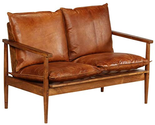 Susany 2-Sitzer Sofa Loungesofa Designsofa Ledersofa Sitzmöbel Couch Leder mit Akazienholz Braun