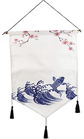 lachineuse - Panneau Mural Japonais Carpe Koï - Décoration Japonaise Zen à Suspendre - 56 x 44 cm - Tableau Japonais Traditionnel Mur Panneau - Coloris Blanc & Bleu - Idée Cadeau Japon Asie