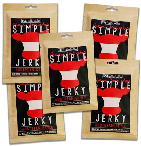 Beef Jerky Probierbox, 5 x 50g, handgemacht, Österreichs Beef Jerky Nr. 1, Premium Trockenfleisch ohne chemische Zusätze (Austrian Style)