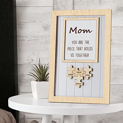 Smile lab Personalisierte Bilderrahmen für Mama, Muttertag Puzzle Stück Zeichen mit Familie Kind Namen Hölzerne Mama Puzzle Plaque Geschenke für Mama - Mom You Are The Piece That Holds Us Together