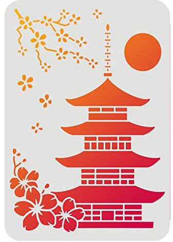 FINGERINSPIRE Turm-Schablonen 29,7x21cm Blumen Alter Turm Zeichnung Malschablonen Kirschblüten-Turm Sonnenmuster Wandschablonen Schablonen zum Malen auf Holz, Boden, Wand und Fliesen