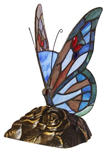 BELOFAY Blue Butterfly Tiffany Lamps, Stained Glass Handmade Tiffany Vintage Bedside Table Lamps for Living Room, Bedroom, and Lounge 8 Inches Wide, 13 Inches Height