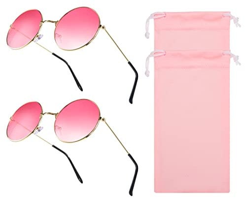 Tagaremuser 2 Stück Hippie Brille, Rosarote Brille, Rosa Runde Hippie Brille, Retro Hippie Stil Sonnenbrillen Für Herren Damen Fasching & Karneval