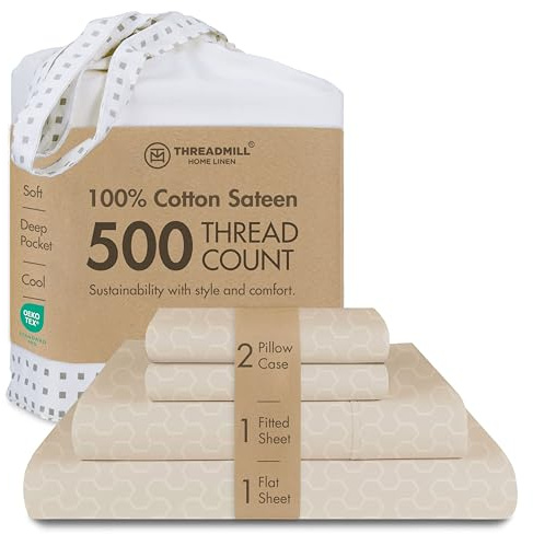 Threadmill Bettlaken aus 100% Baumwolle für King-Size-Betten, Damast-Satin, Ganzjahreszeit, Fadenzahl 500, 4-teiliges Bettwäsche-Set für King-Size-Betten, weich, atmungsaktiv, Hotelqualität, eng