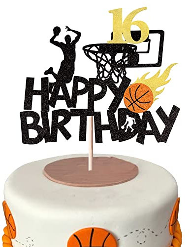 SYKYCTCY 1 Pack Cheers to 16 Years Sweet 16 Cake Topper Glitter Hello 16 Cake Pick Sxiteen Years Old Birthday Cake Decoration for 16th Birthday Basketball Sports Party Supplies Black