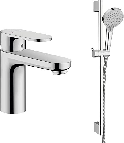 hansgrohe Set mit Vernis Blend Waschtischarmatur wassersparend, Auslaufhöhe100mm, mit Zugstange + Brausestangenset mit Duschkopf, Brausestange 0,65m und Brauseschlauch 1,60m (Chrom)