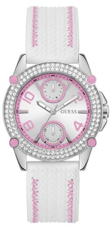 Guess Damenuhr, 38 mm, weißes Armband, weißes Zifferblatt, silberfarbenes Gehäuse, Weiß/Silberton/Weiß, Modern