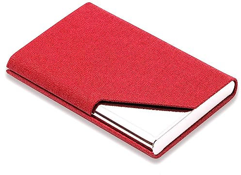Porte-Cartes de Visite, Porte-Cartes en Métal, Porte-Carte Fin, Professionnelles Multi-Poches en Soie de Luxe en Cuir PU avec Fermeture Magnétique et métal pour Homme et Femme (Rouge)