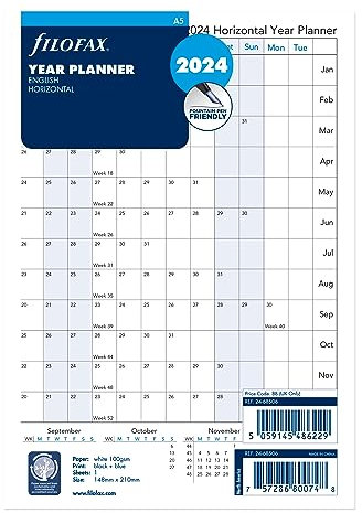 Filofax Kalender-Tagebuch-Nachfüllung, A5, horizontaler Jahresplaner, weißes Papier, Englisch, 2024 (C68506-24)