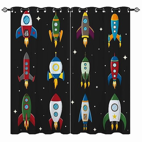 YUANZU Kinder Weltraum Vorhänge Jungen Kosmische Rakete Schiff Außen Ösen Gardinen mit Blickdichte Vorhang Blackout Curtain Kinderzimmer Schlafzimmer Verdunkelung Fenster, 2 Stück, H 229 x B 168 cm