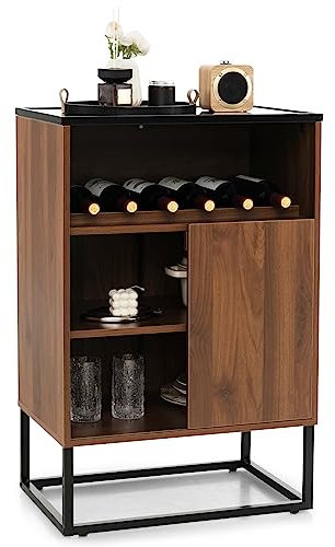 COSTWAY Wine Cabinet Sideboard, Industrial Kitchen Storage Cabinet with Tempered Glass Top, Wine Rack, Adjustable Shelf, Sliding Door & Anti-Tipping Device, Wooden Buffet Cupboard Organizer