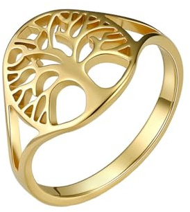 PAURO Damen Edelstahl Einfacher ausgehöhlter Lebensbaum Siegelringe Ehering Schmuck Gold Größe 50 (15.9)