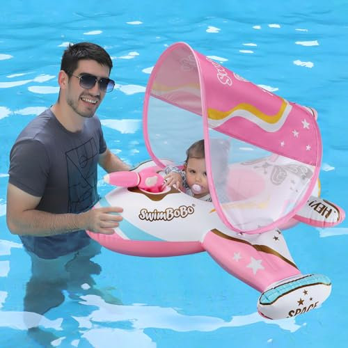 Swimbobo Aufblasbares Schwimm-Auto schwimmring Kinder mit verstellbarem Sonnendach und Sicherheitssitz Pool-Spielzeug für Kinder (Weiß Flugzeug)