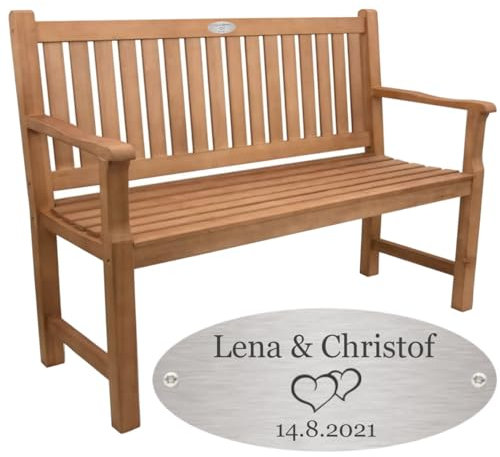 Sterngraf Hochzeitsbank mit Gravur-Schild zB. Herzen (Namen/Datum), Gartenbank 120cm Holz Armlehnen-Bank, Edelstahlschild personalisiert Geschenk-Idee zur Hochzeit/Trauung