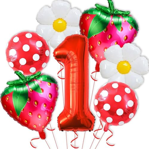 Luftballons Geburtstag Erdbeer, Erdbeer Deko Geburtstag 1 Jahr Mädchen, 7 Stück Geburtstags Ballon Set mit Ballon Nummer 1, Erdbeere Folienballon für Mädchen Geburtstagdeko Motto Party