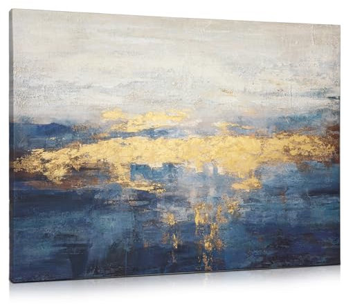 Briful 60 x 80cm Große Canvas Gemälde Blau-Goldene Horizonte – Moderne Abstrakte Landschaft auf Leinwand für Home Hotel Office Wanddekoration