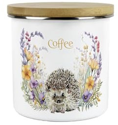 Purely Home Floral Hedgehog Coffee Storage Canister - Pretty Wildlife Creatures & Foliage Homewares Gifts - White Metal Enamel Medium Sized Kitchen Food/Drinks Storage Container