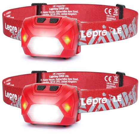 Lepro Linterna Frontal LED Recargable 2000lux (2 Pack), Linterna Cabeza USB Recargable D500, 6 Modos de Luz con Luz Rojo, Impermeable IPX4, Luz Frontal Cabeza para Correr, Camping, Excursión,Rojo