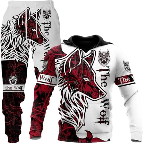 lFTEGUFKXS 3D Wolf Herren Kapuzen Hose Herren Christmas Trainingsanzug Jogginganzug Pullover Set