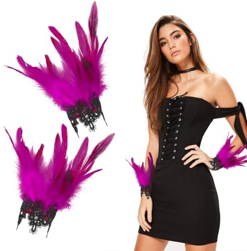 Cadimus Damen Feder Manschetten,Damen Violett Feder Handgelenkmanschetten,Gotische Federmanschette,Frauen Federschlagarmbänder，Geeignet für Hochzeit, Halloween, Karnevalsparty-Dekoration