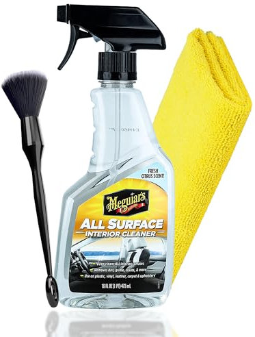 Meguiar's All Surface Interior Cleaner Kit de nettoyage pour habitacle de voiture + pinceau de nettoyage + chiffon en microfibre | Nettoyant intérieur adapté pour tapis en plastique et cuir