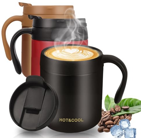 Travel Mug with Handle, Stainless Steel Double Walled Vacuum Insulated Coffee Cup, Small Non-Slip Heat-Resistant Coffee Flask for Hot Drink, Portable Thermal Coffee Mug for Camping, Gym (Black, 350ml)