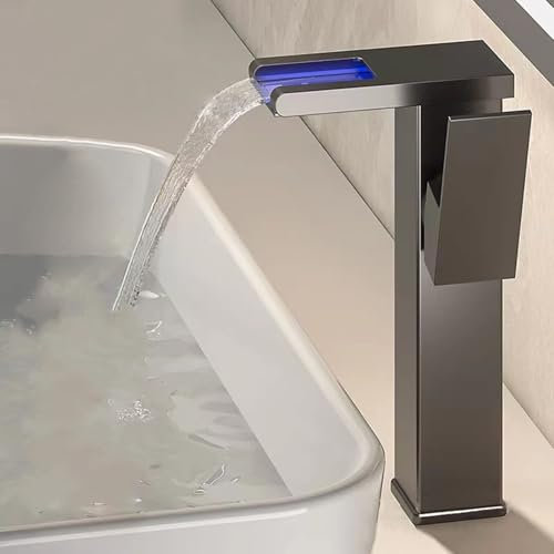 Rubinetto Bagno Lavabo, LED Rubinetto Alto Lavabo Bagno 3 Colori Che Cambiano, Miscelatore Monocomando Lavabo Cascata, Fredda e Calda Regolabile con Tubo di Aspirazione,Grigio,High