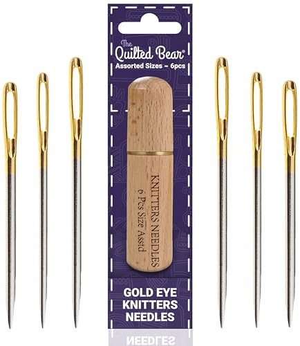The Quilted Bear Gold Eye Knitters Sewing Needles - 6 Knitters Large Eye Yarn Needles in a Premium Engraved Wooden Case for Hand Sewing Knitting & Crochet (Assorted Sizes)